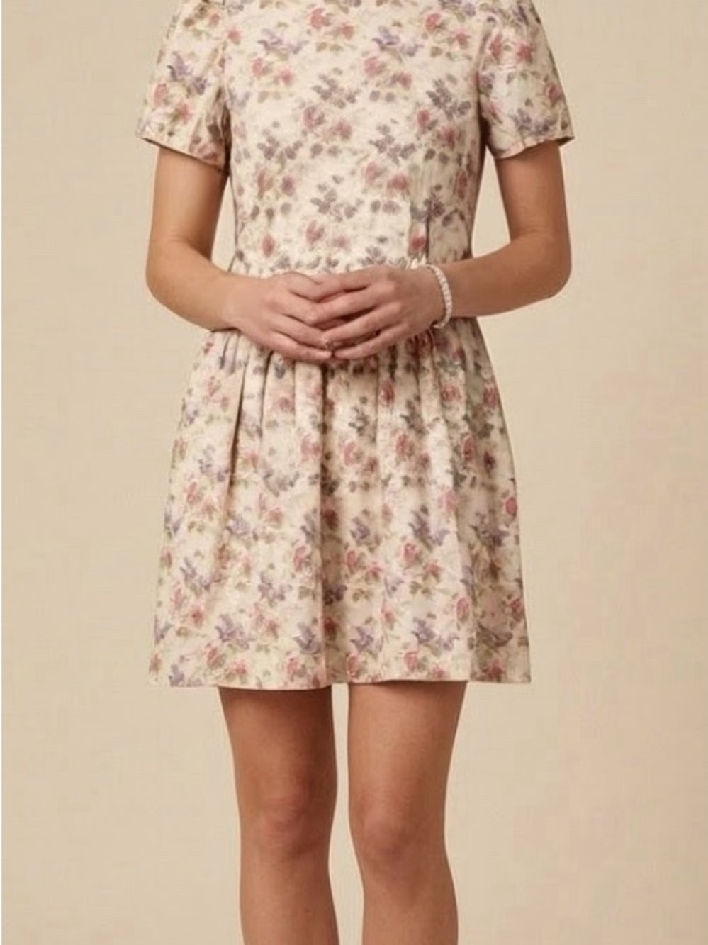 Vintage Cream Floral Puff-Sleeve Casual Dress